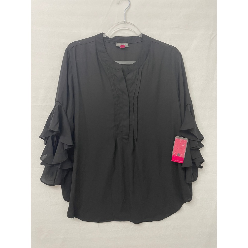 NWT Vince Camuto Blouse Size XL Black Chiffon Pleated V-Neck Ruffle Soft Flowy